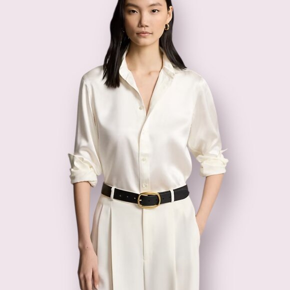Lauren Ralph Lauren Ivory Satin Blouse 2X Button Front Long Sleeve 100% Viscose - Picture 1 of 9